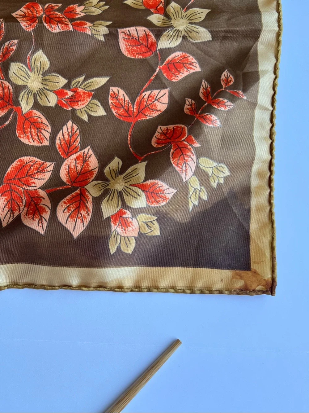 Vintage Vera Neumann Square Scarf in Brown with Orange & Gold Leaves 26” Square